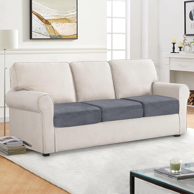Couch Cushion Cover Velvet 3 Pieces Seat Cushion Cover Stretch Sofa Covers Separate Sectional Sofa Slipcovers Furniture Protector (3-Seater or Backrest, Dark Grey)