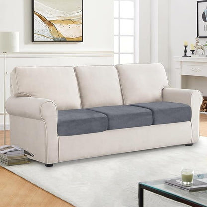 Couch Cushion Cover Velvet 3 Pieces Seat Cushion Cover Stretch Sofa Covers Separate Sectional Sofa Slipcovers Furniture Protector (3-Seater or Backrest, Dark Grey)