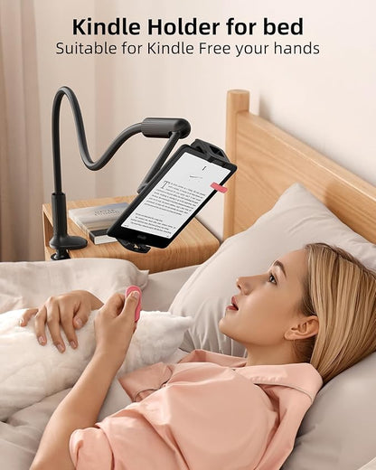 SAIJI 47" Gooseneck Kindle Holder, Tablet Holder for Bed with Upgraded Base, iPad Stand with Flexible Lazy Arm, Compatible with iPad/iPhone/Kindle/Switch or Other 4.7-11" Device (Black)