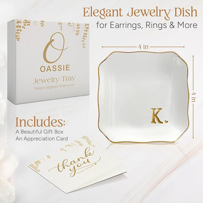OASSIE Valentines Day Gifts for Her - 4"x4" Initials Ceramic Jewelry Dish Tray Letter K - Engagement Wedding Bridal Shower Gifts for Bride, Bridesmaid Gift, Birthday Gift for Women Teacher Friend