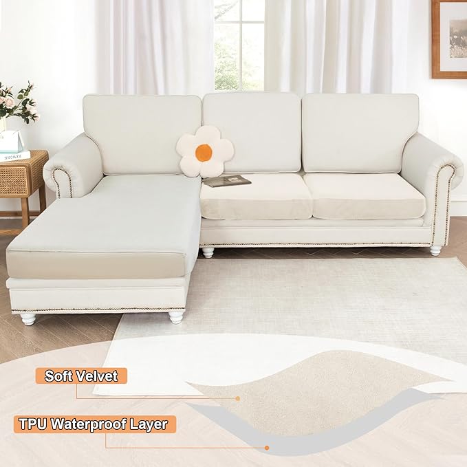 NAISI Waterproof Couch Cushion Covers Thick Velvet Fabric Washable Sofa Slipcovers 2 Pieces Individual Sectional Couch Covers with Elastic Bottom(2 Pcs for 2-Seat or Backrest,Ivory White)