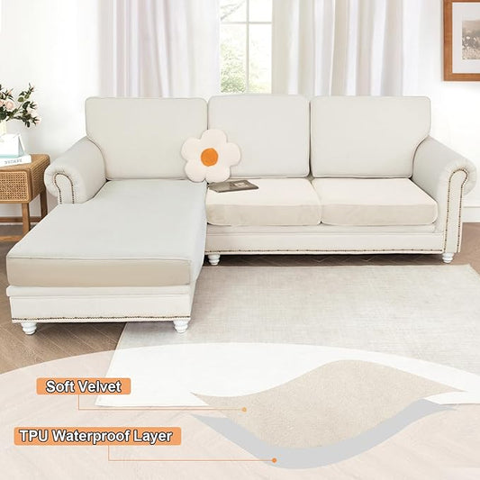 NAISI Waterproof Couch Cushion Covers Thick Velvet Fabric Washable Sofa Slipcovers 2 Pieces Individual Sectional Couch Covers with Elastic Bottom(2 Pcs for 2-Seat or Backrest,Ivory White)