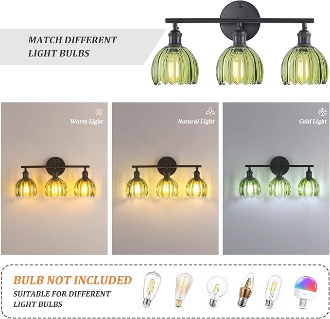 Bathroom Light Fixtures, 3-Light Black Vanity Wall Light Over Mirror with Green Tulip Glass Shade for Bedroom Living Room (Bulb Not Included)