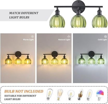 Bathroom Light Fixtures, 3-Light Black Vanity Wall Light Over Mirror with Green Tulip Glass Shade for Bedroom Living Room (Bulb Not Included)