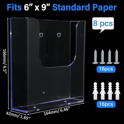 Ripeng 8 Pack Brochure Holder Wall Mount 6 x 9 Inch Clear Flyer Holder Magazine Pamphlet Display Stand Acrylic Wall Organizer Plastic Wall File Holder for Literature Mail Paper document Rack Display