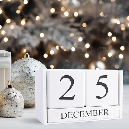 AUEAR, Wooden Block Perpetual Desk Calendar Desktop Cube Rustic Chic Number for Home Office Decoration Large (White)