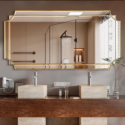 Gold Full Length Mirror for Wall, 59" x30" Wooden Framed, Polished Bevelled Rectangle Mirror, Art Decorative Mirrors for Wall Decor, Irregular Mirrors for Living Room, Bathroom, Entryway