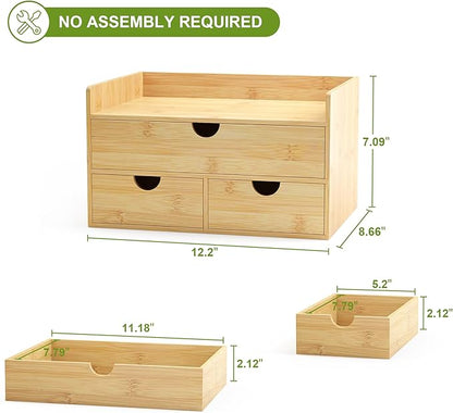 Desk Organizer with Drawers - Bamboo Desktop Organizer Storage | Wood Desk Drawers Organizer for Bills, Office Supplies, Cosmetics, Seals No Assembly Required