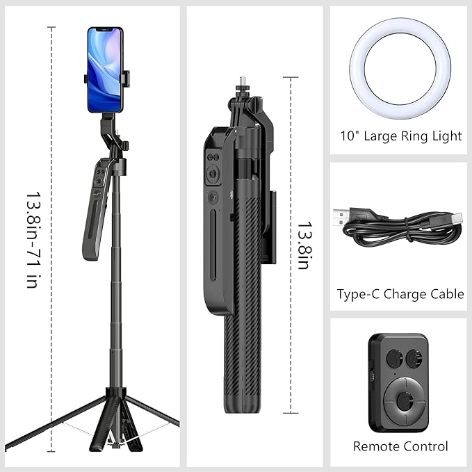 Auto Face Tracking Self Stick Tripod for iPhone with 10" Ring Light Hands-Free 360°Adjustable 70.9 Inch Smart Phone Stand with Remote for Content Creator Vlog Video Recording