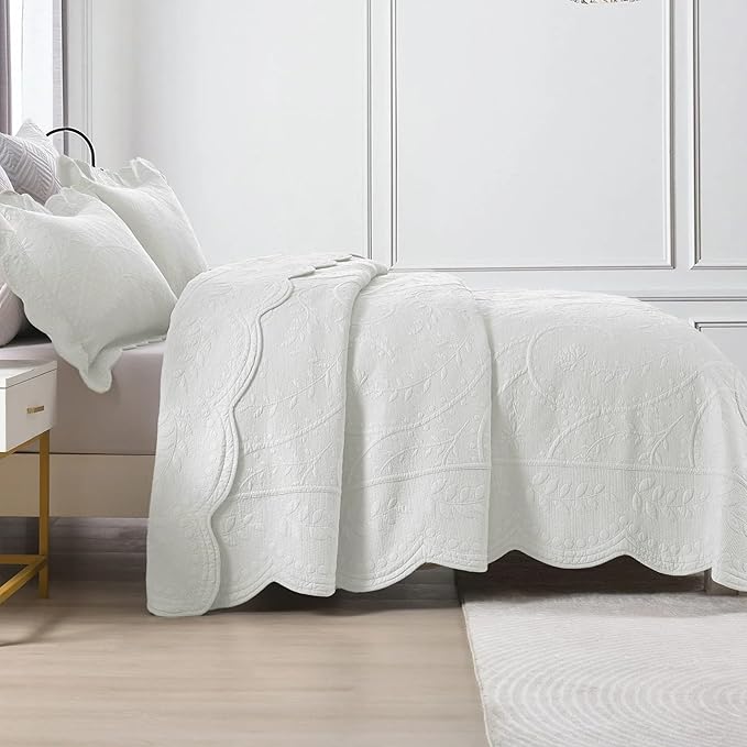 MarCielo 3-Piece 100% Cotton Oversized Bedspread Lightweight Quilt Coverlet Embroidery Farmhouse Bedding Set (TX Bright White, Oversized Queen (100"x106"))