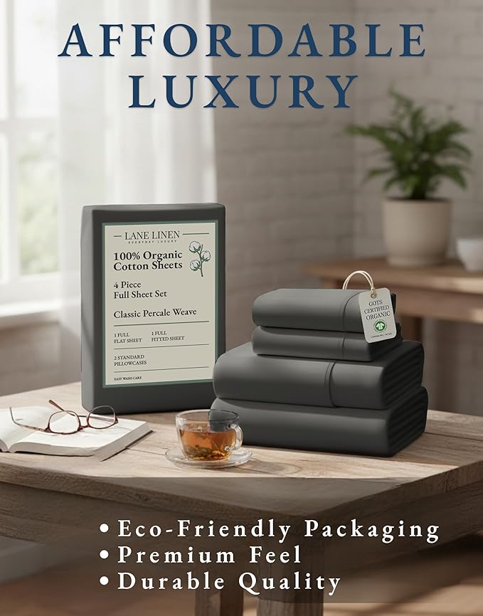 LANE LINEN 100% Organic Cotton Full Size Sheets, Hotel Like Crisp Percale Low Pill Fade Resistant Reinforsed Seam Cotton Sheets, Naturally Cooling 15" Deep Pocket Full Bedding Set- Charcoal