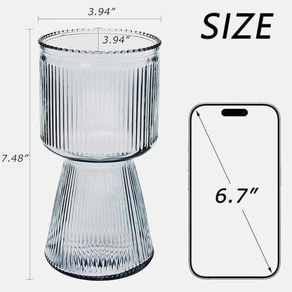 VECELO Modern Ribbed Glass Vase, Clear Flower Vase for Table Centerpiece, Modern Glass Vase for Living Room, Bedroom, Dining Table, Entryway, Office, Wedding, 7.5 Inches