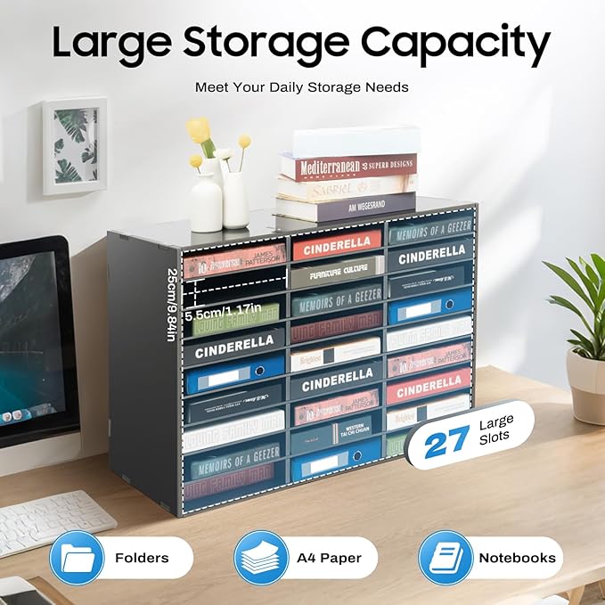 Literature Organizer with 27 Compartments | Adjustable Desktop File Sorter Mail Center for Home, Office & Classroom | PVC Paper Storage Cabinet with Shelves, Black