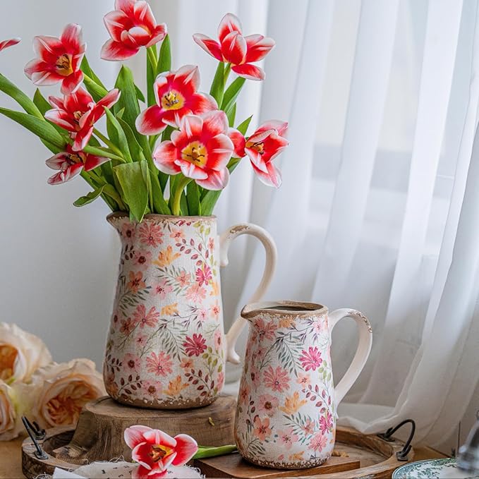 Vintage Colorful Daisy Flora Ceramic Vase with Handle, Retro Ice Glazed Crack Farmhouse Pitcher Vase for Home Decor, Living Room, Shelf, Office, Rustic Table Centerpiece 7 Inch