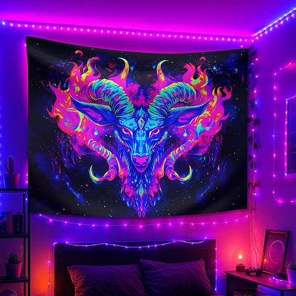 seewan Black Light Aries Tapestry, Glow-in-the-Dark UV Neon Ram Head with Galaxy Flames Tapestry, Psychedelic Constellation Wall Hanging, Bedroom Dorm Living Room Background Decor
