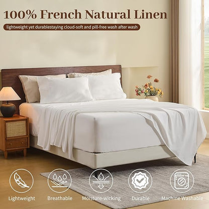 MEISHANG 100% French Pure Linen Sheets King Size - Extra Deep Pocket Sheet Set, Soft Durable Flax Linen, Anti-Tear Breathable & Oeko-Tex Certified 18-24 Deep Pocket,All Season(White)
