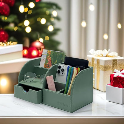 UnionBasic Desk Organizer, Multi-functional Leather Desktop Office Organizer, Pen Holder - Business Card/Pen/Pencil/Mobile Phone/Stationery Holder Storage Box, Malachite Green
