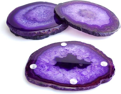 Purple Agate Slices Large Crystal Geode Coasters Set of 4 with Rubber Bumpers - Unique 4-5 Inch Dyed Stone Drink Cup Coasters for Home Decor, Coffee Table, Bar Accessories