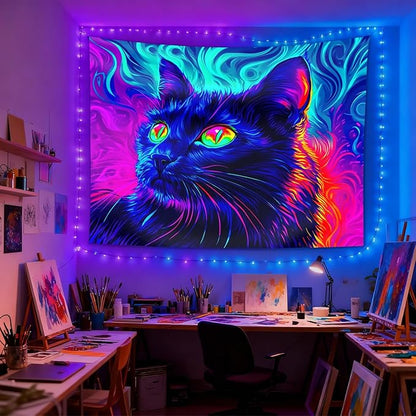 seewan Black Light Black Cat Tapestry, UV-reactive neon black cat with glowing green eyes, psychedelic abstract animal art tapestry, bedroom/dorm/living room backdrop decoration