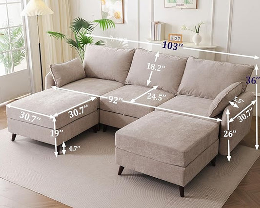 104'' Modular Sectional Sofa with Seats Storage,Oversized U Shaped Couch for Living Room,Comfy 3-Seater Cloud Couches with Deep Seat, Movable Ottoman, 2 Throw Pillow,Chenille,Khaki