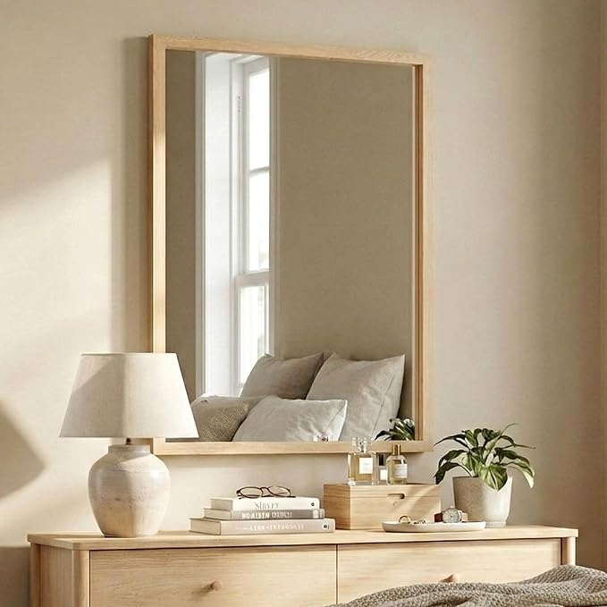 24" x 36" Natural Wood Tone Wall Mirror for Entryway & Bath, Waterproof Boho Decor Mirror, Scandi Oak Texture Vanity Mirror for Over Sink, Standard Trim