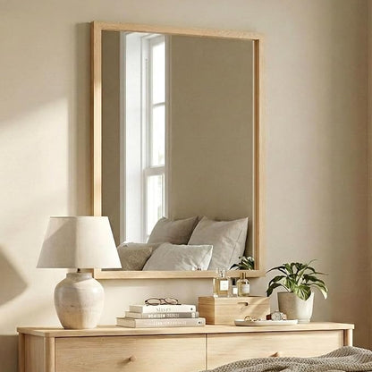 24" x 36" Natural Wood Tone Wall Mirror for Entryway & Bath, Waterproof Boho Decor Mirror, Scandi Oak Texture Vanity Mirror for Over Sink, Standard Trim