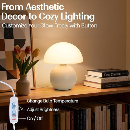Small Mushroom Lamp,USB-Plug in Bedside Table Lamps with 3-Temperature LED Bulb Dimmable,Unique Cute Aesthetic Home Decor for Living Room/Bedroom/Entryway/Table Decor(Cream White)