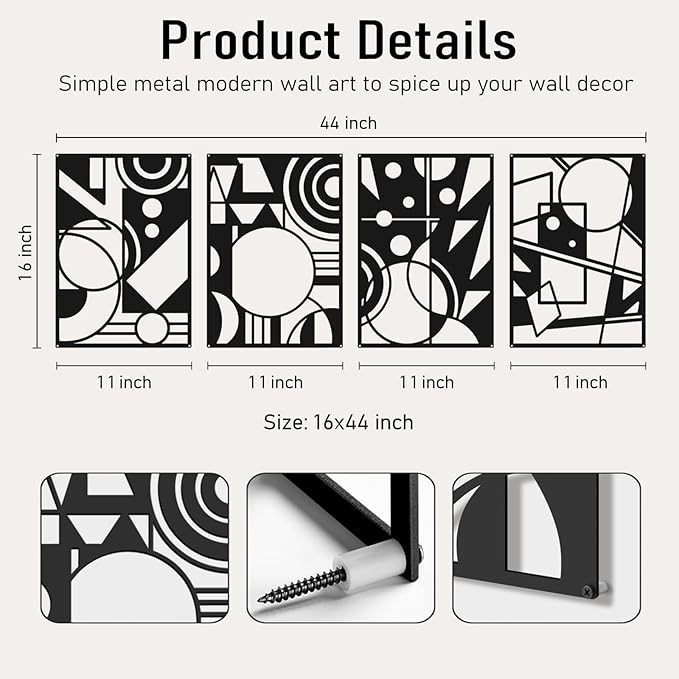 Bakovity Black Abstract Wall Art, Metal Art Wall Decor, Large Geometry Art, Modern 3D Abstract Wall Sculptures for Bedroom Bathroom Living Room (4 Pack, 16 x 11 in)