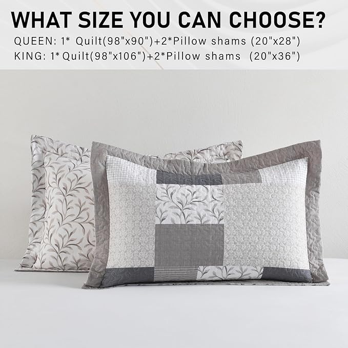 PERHOM King Size Quilt Set, 3 Pieces 100% Cotton King Quilted Comforter Set with 2 Pillow Shams, Farmhouse Plaid Botanical Pattern, Lightweight Reversible Coverlet Bedspread, Brown/Beige/Gray