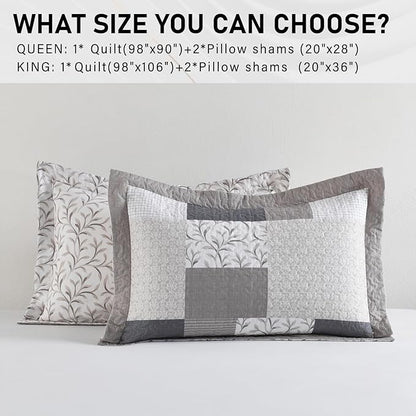PERHOM King Size Quilt Set, 3 Pieces 100% Cotton King Quilted Comforter Set with 2 Pillow Shams, Farmhouse Plaid Botanical Pattern, Lightweight Reversible Coverlet Bedspread, Brown/Beige/Gray