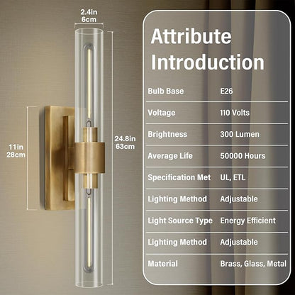 Wall Sconces Set of 2, Gold Wall Lighting Fixtures with Clear Glass, Mounted Lamps for Bedroom, Bathroom, Living Room, Hallway