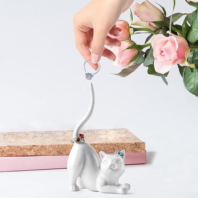 PUDDING CABIN Cat Mom Gift for Women, Cat Ring Holder Wedding Ring Stand Lover Gift For Women Friends Birthday Christmas Valentines Gift, Figurine Room Decor