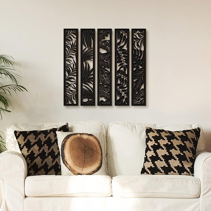 Blulu 5 Pieces Wooden Wall Art Hollow Wall Decor Wood Panels for Home Decorations Bedroom Living Room, 15.7 x 2.9 x 0.2 Inch(Leaf,Black)