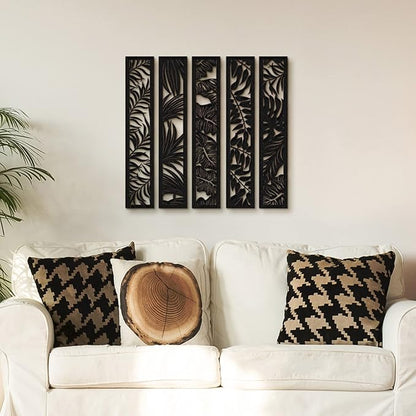 Blulu 5 Pieces Wooden Wall Art Hollow Wall Decor Wood Panels for Home Decorations Bedroom Living Room, 15.7 x 2.9 x 0.2 Inch(Leaf,Black)
