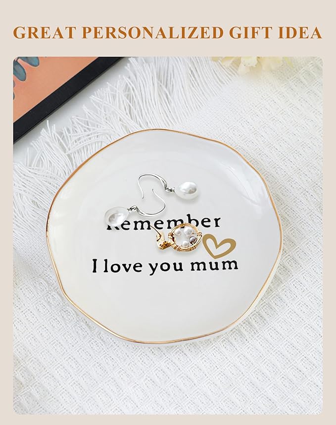 Fmeida Christmas Gifts for Mom from Daughter, Ceramic Ring Dish for Mom, Decorative Jewelry Tray - Remember I Love You Mum Small Trinket Tray, Birthday Mother's Day Thanksgiving Christmas Gifts