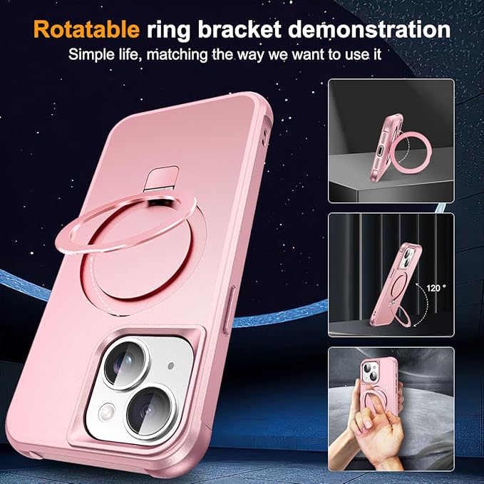 Compatible with iPhone 13 Case & iPhone 14 Case with Invisible Magnetic O-Ring Stand Phone Cases for 13 & 14 6.1" [Compatible with Mag-Safe][Great Grip Feeling], Rose Gold