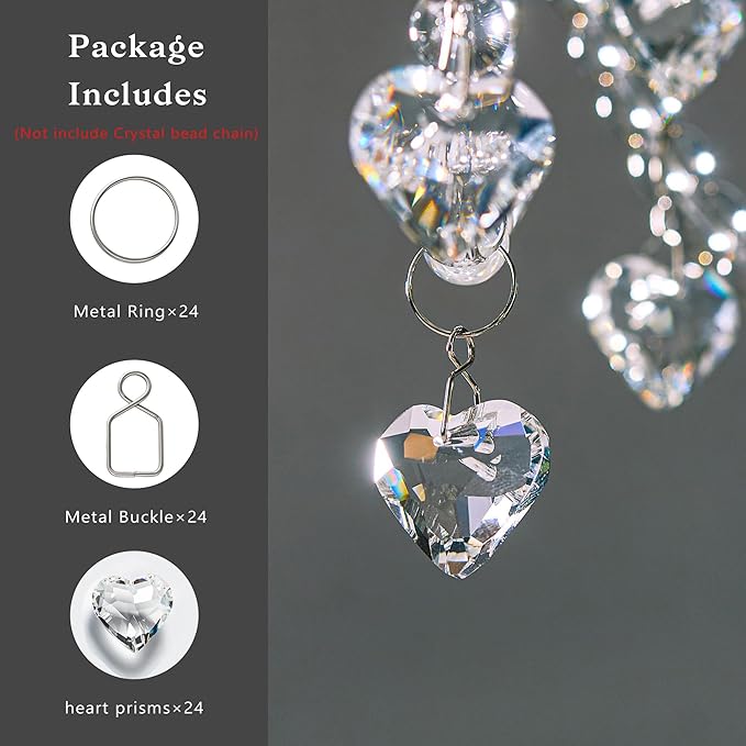 HDCRYSTALGIFTS 24pcs Heart Prisms Suncatchers 20mm Clear Crystal Beads Rainbow Maker Sun Catchers Chandelier Crystals Drop Parts Glass Wedding Valentine's Day Decorations