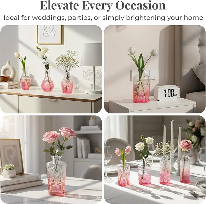 BEAHOT Pink Glass Vases,32 Pack Bud Vase in Bulk,Mini Vintage Glass Flower Vases for Centerpieces,Wedding Decor,Baby Shower & Home Decaration,Mother's Day (Pink Gradient)