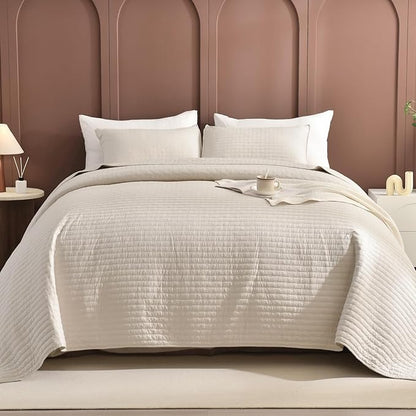Sanracie Oversized Queen Bedspread Set 102"*118", 100% Cotton Wheat Colored Extra Large Wide Queen Quilt Bed Set Soft and Cozy Cloud Lightweight Quilts for All Season