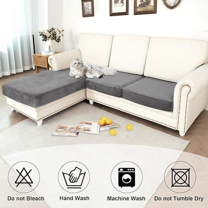NAISI Waterproof Couch Cushion Covers Thick Velvet Fabric Washable Sofa Slipcovers Sectional Couch Covers for 3 Pieces Separate L Shape Couch Cover with Elastic Bottom(2 Seater + 1 Chaise,Grey)