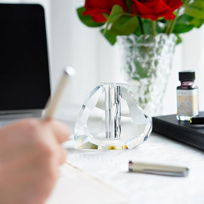 QFkris Crystal Heart Shaped Single Pen Holder for Desk, Glass Feather Pencil Holder for Office Desktop Decoration, 3.5" Fancy Fountain Pen Stand, Christmas Gift for Man