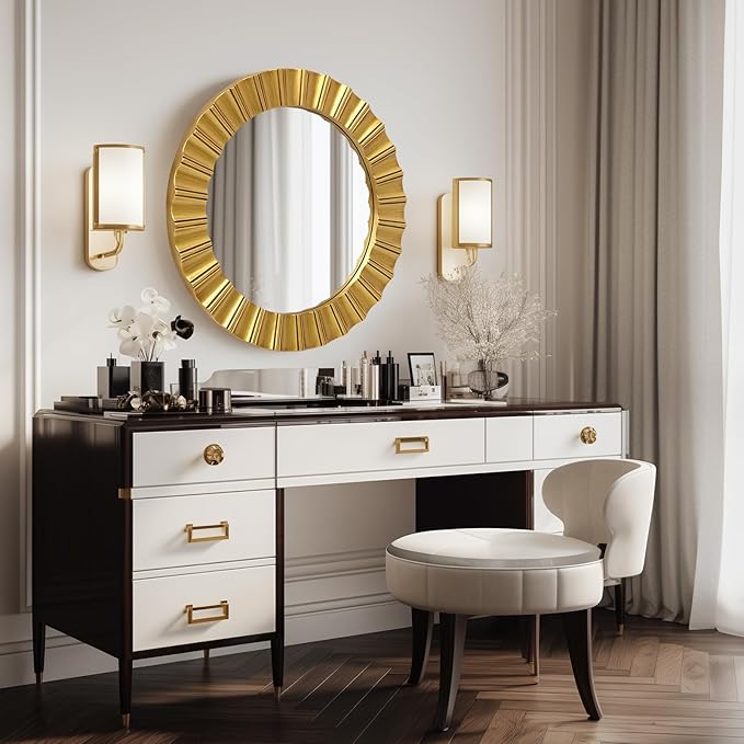 Round Gold Mirrors for Wall Decor 26 Inch, Art Deco Mirror for Bathroom With Geometric Frame, Gold Circle Mirrors Entryway Mirrors for Wall, Modern Wall Mounted Mirror for Bedroom, Living Room