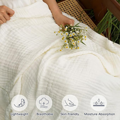 PHF Cooling Muslin Blanket King Size 104"x80", 6-Layer Lightweight Gauze Blanket Made from 35% Rayon Derived from Bamboo & 65% Cotton, Breathable & Ultra Soft Cozy for Hot Sleepers, Snow White