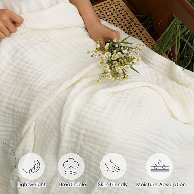 PHF Cooling Muslin Blanket Queen Size 90"x80", 6-Layer Lightweight Gauze Blanket Made from 35% Rayon Derived from Bamboo & 65% Cotton, Breathable & Ultra Soft Cozy for Hot Sleepers, Snow White