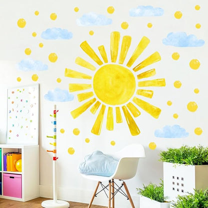 Large Sun Wall Decals Cloud Polka Dots Wall Stickers for Girls Room, 12 Sheets Watercolor Sun Wall Decor Stickers Cute Cloud Wallpaper Delicate Decorations for Kids Room Bedroom