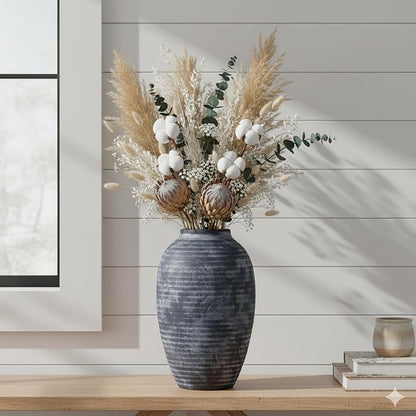Farmhouse Rustic Ceramic Vase, 10.6 inch Gray-White Textured Modern Weathered Pottery Terracotta Vintage Vases for Home Decor Enterway Coffee Table Mantel Shelf Decorative (Tall - B)