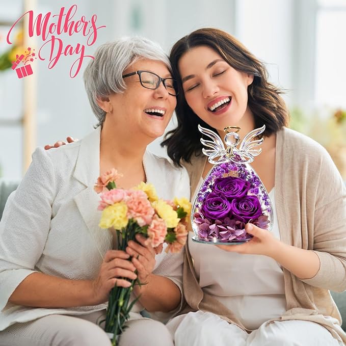 Beferr Valentines Day Rose Gifts for Her Women Mom Gifts for Birthday, Fresh Flowers for Delivery Forever Preserved Rose in Glass Angel Figurine, for Grandma Wife Kids Daughter