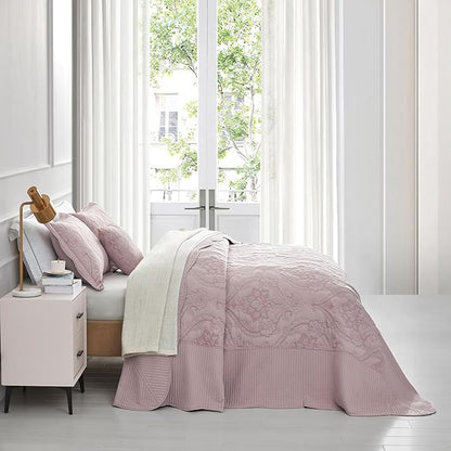 CHIXIN Oversized Bedspread Coverlet Set King Size - Lightweight Bedding Cover - Beautiful Stitching - 4 Piece Reversible Bedspread - Gorgeous Damask Paisley Pattern (King, Pale Rose)