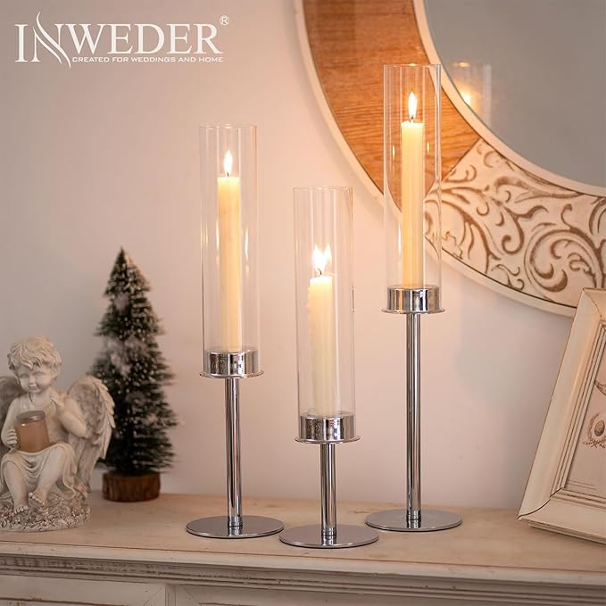 Silver Candle Holders for Candlesticks - Taper Candle Holders with Removable Glass, Tall Silver Candlestick Holders, Candle Stand Candle Sticks Long Holder for Table Centerpiece, Home, 30Pcs