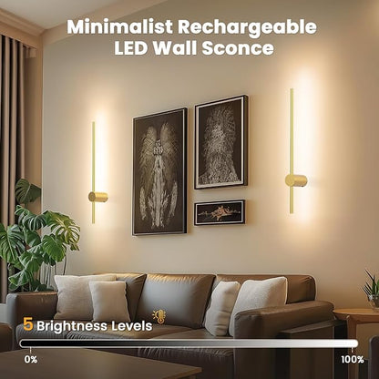 NIORSUN 24 Inch Battery Operated Wall Sconce Set of 2,Gold Minimalist Rechargeable LED Wall Lights with Remote, 10 Colors Dimmable Wireless Wall Lamp for Living Room Bedroom Hallway